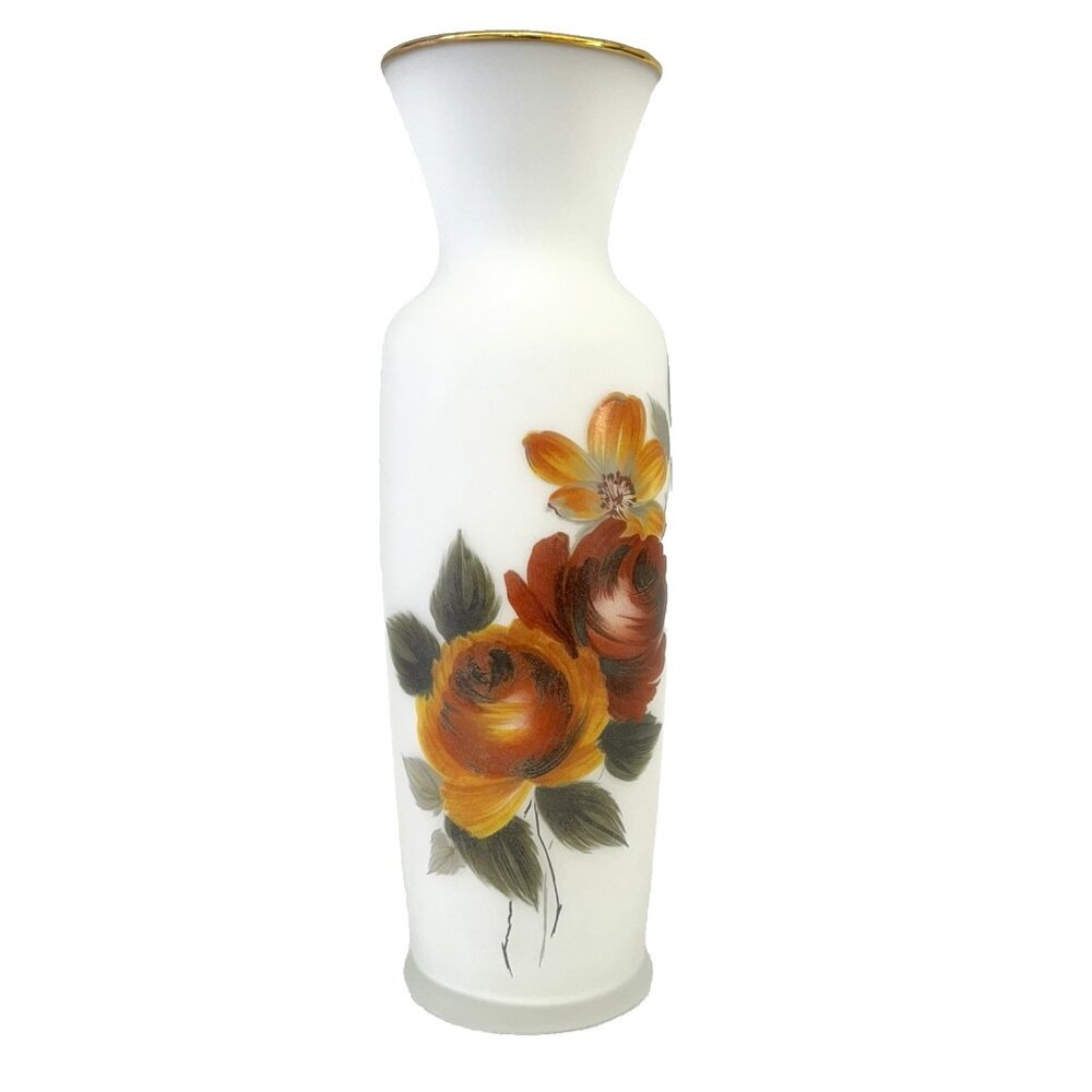 Vtg Lefton Hand Blown Frosted White Flower Vase With Mixed Floral Design